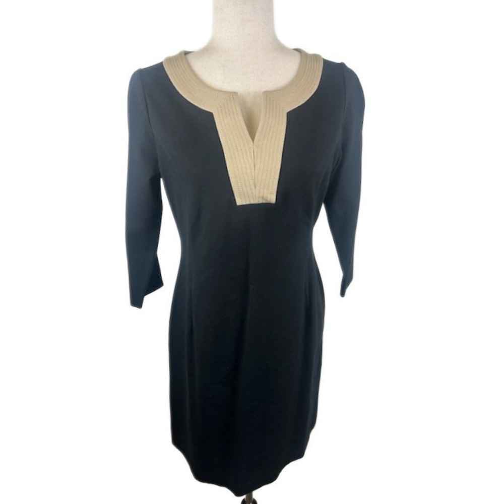 New Talbots Sheath Dress Women's Size 6P Petite‎ Black Beige Trim Career